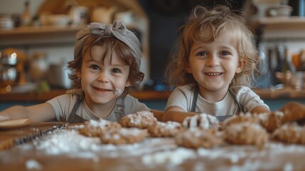 Happy children are cooking cookies in the kitchen. The concept of a happy childhood and hobby