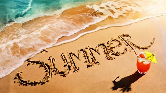 Summer written on sandy beach with incoming wave and tropical drink, vacation and holiday concept