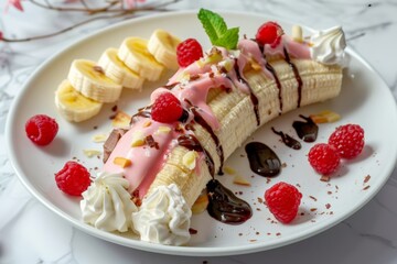 Banana Boat with Pink Ice Cream and Chocolate Drizzle. Generative AI.