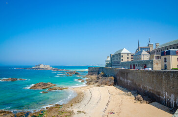 Beautiful Fort National and old walls of town Saint-Malo, Bretagne, France