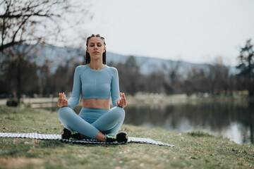 Young female in blue active wear meditates by the lake, embodying peace and mindfulness in nature.