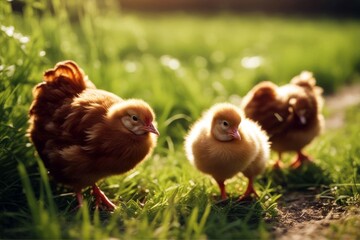 'rustic farm day looking walking sunny natural camera chicks grass hen outdoors chicken chick progeny bird pigeon poultry country villager organic egg meadow cultivate agriculture nature animal' - obrazy, fototapety, plakaty