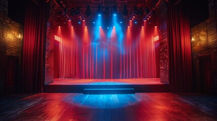 Empty Stage With Red and Blue Lights - obrazy, fototapety, plakaty
