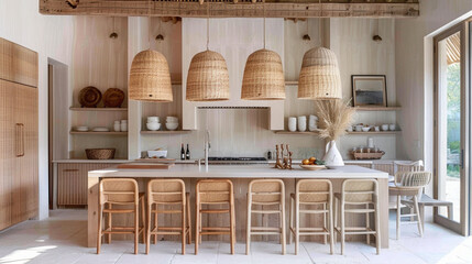 Modern kitchen white design with wooden chair and lamp
