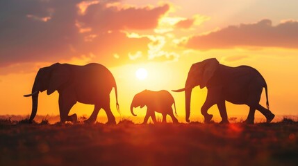shadow of elephant family walking with the sun in the background on a beautiful sunset