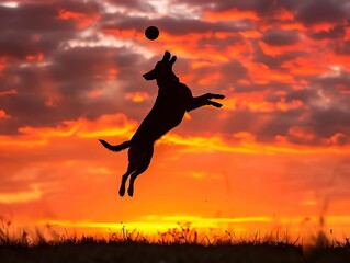 Silhouette of a dog leaping into the air to catch a ball, dramatic backlighting from the setting sun, vibrant sky painting the backdrop