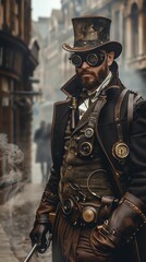 Steampunk spy with intricate mechanical devices, leather and brass fittings, amidst a Victorian London fog, blending old-world charm with fantastical inventions