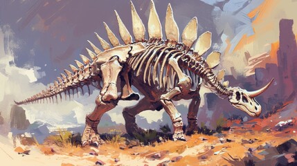Fototapeta na wymiar Illustration of a Stegosaurus dinosaur skeleton captured in 2d form