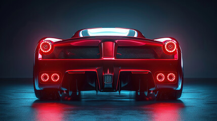 Rear view of the shiny red sports racing car on dark room. - obrazy, fototapety, plakaty