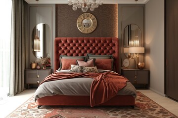 Boho glam bedroom with velvet headboard 