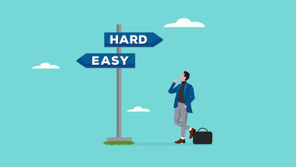 Confused businessman chooses an easy career path with small results or a hard career path with big results, make a decision to choose a career path