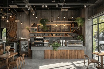 Fototapeta na wymiar Wooden and gray coffee shop interior,.
