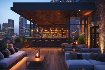 Contemporary urban rooftop bar with skyline views and modern furnishings.