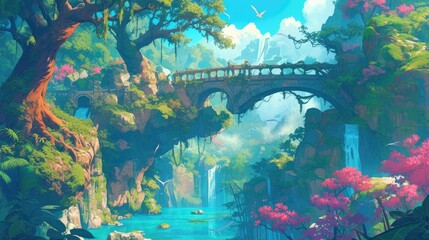 Beneath the stone bridge s balustrade lies a serene mountain valley lake This 2d cartoon illustration captures a lush forest landscape adorned with ancient trees a steep hillside and a vibr