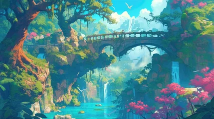 Foto auf Glas Beneath the stone bridge s balustrade lies a serene mountain valley lake This 2d cartoon illustration captures a lush forest landscape adorned with ancient trees a steep hillside and a vibr © AkuAku