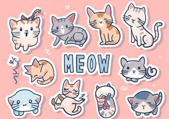 Stickers of adorable kittens in pastel tones