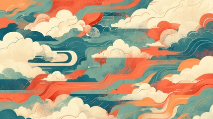 An effortlessly flowing abstract pattern merges gracefully with cloud formations in the sky beautifully captured in this 2d illustration