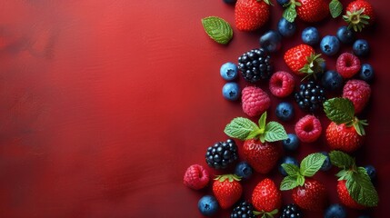 Group of Berries and Raspberries on Red Surface