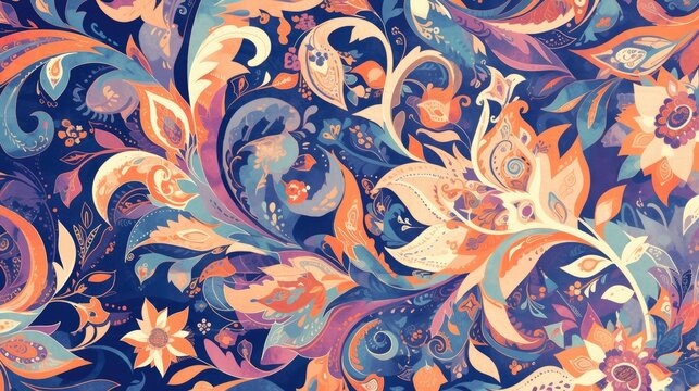 Experience the tranquil beauty of a calming pattern inspired by Mehndi design enriched with the vibrant ethnic colors of a doodle texture Set against a backdrop of gracefully curve