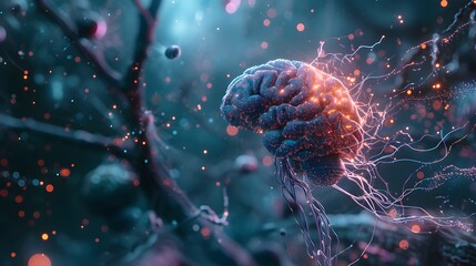  brain connected to the motherboard, abstract future technology concept illustration