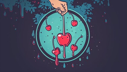 A humorous shot of a hand playfully picking a handful of cherries from a tree, the splattered juice and bright red stains adding a touch of lightheartedness - obrazy, fototapety, plakaty