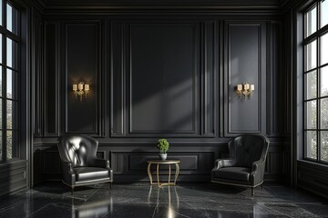 Classic black modern interior empty room with lounge armchairs, Elegance touch table and mirrors.