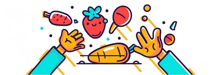 A humorous shot of hands playfully juggling fruits and vegetables, their playful movements adding a touch of lightheartedness to the serious task of healthy cooking