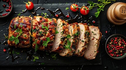 Top view of a grilled veal roll sliced and served on a serving board with additional herbs and vegetables. - obrazy, fototapety, plakaty