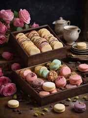 Two wooden boxes filled with assortment of colorful macarons centerpiece, surrounded by blooming pink roses, scattered petals. Macarons, in hues of pink, purple, yellow,.