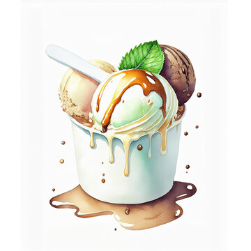 cup filled with melting ice cream—vanilla, chocolate, and mint—drizzled with caramel syrup. A fresh mint leaf adds contrast