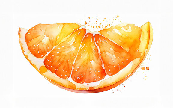 Watercolor painting of a sliced orange, with vivid brush strokes and color splashes
