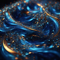 Mesmerizing dance of deep blue, golden hues unfolds, capturing essence of enigmatic energy. Waves of vibrant colors intertwine, creating visual symphony that evokes sense of mystery, wonder.