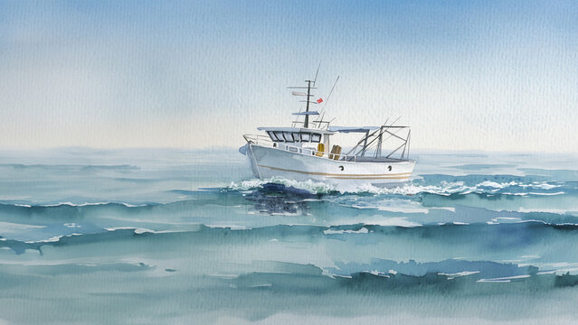 Watercolor painting of a white boat sailing through gentle waves under a clear sky