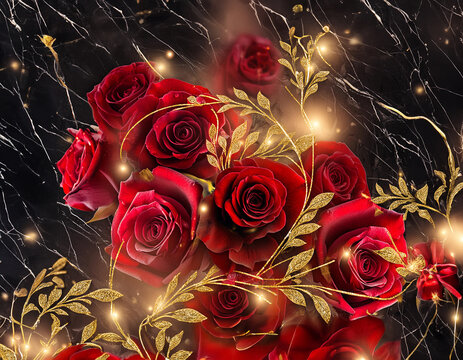 Bouquet of red roses with golden leaves, set against a mystical backdrop