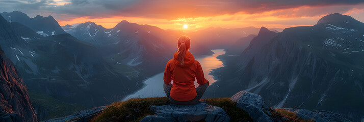 Woman enjoys a spectacular sunrise amidst majestic mountains in summertime.