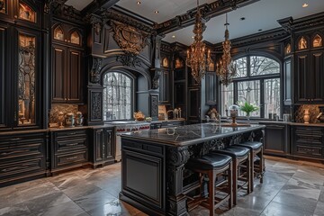 Victorian Gothic-inspired kitchen with dark wood cabinetry and ornate hardware.
