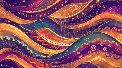 A vibrant ethnic doodle texture with Tracery patterns resembling Mehndi designs adorns a beautifully curved background in this colorful 2d illustration - obrazy, fototapety, plakaty