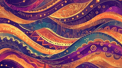 Foto op geborsteld aluminium Boho A vibrant ethnic doodle texture with Tracery patterns resembling Mehndi designs adorns a beautifully curved background in this colorful 2d illustration