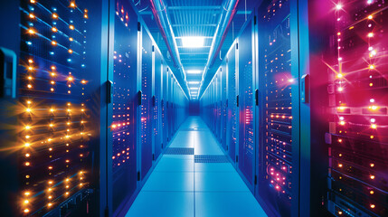 A long hallway with many computer servers