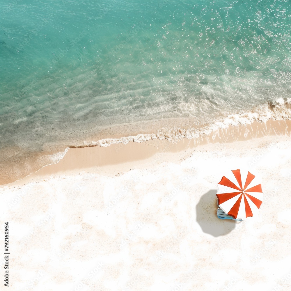 Poster Overhead shot of a solitary umbrella on a pristine beach, perfect for themes of vacation and solitude.