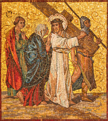 MILAN, ITALY - MARCH 4, 2024: The mosaic Jesus meet his mother Mary as part of Cross way station in the church Chiesa di San Agostino by unknown artist of 20. cent.