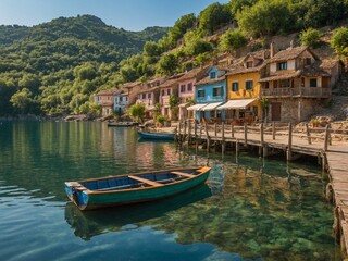 Obraz premium Serene lakeside scene unfolds with colorful houses nestled on hill, reflecting charm of quaint european village. Wooden dock extends into calm water, where solitary blue rowboat floats gently.