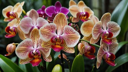 Vibrant cluster of orchids in full bloom, exhibiting stunning array of colors, patterns. Petals display shades of yellow, pink, purple, with prominent red veining adding to visual spectacle.