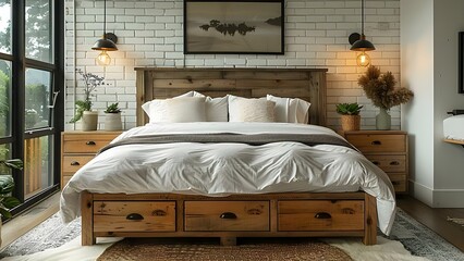 Contemporary bedframe with storage drawers against a whitewashed brick wall in a bedroom. Concept Bedroom Decor, Contemporary Design, Whitewashed Brick Wall, Storage Solutions, Furniture Placement