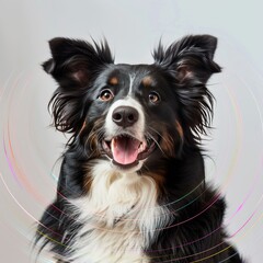 Energetic dog surrounded by vibrant sound waves on white background for canine wellness concept