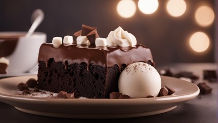 'hot chocolate brownie dessert ice cream ball slice cake background food fruit summer drink nature...
