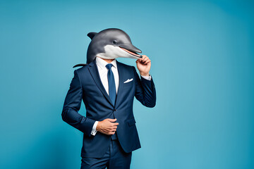 Anthropomorphic friendly dolphin wearing suit formal ,business suit against blue backdrop