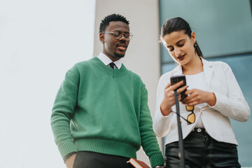 A man and woman stand outside, collaboratively looking at content on a smart phone, symbolizing teamwork and connectivity.