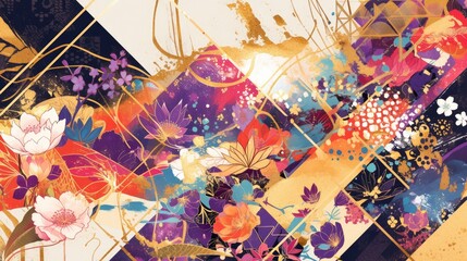 Explore a vibrant fusion of Tie Dye Japanese geometric patterns infused with the tranquil essence of Wabi Sabi and watercolor motifs reminiscent of a kimono Dive into this whimsical landsca
