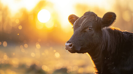 Fototapeta premium Calf in the meadow at sunset.